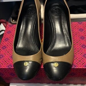 Tory Burch Tan and Black Flats with Black Toe Cap